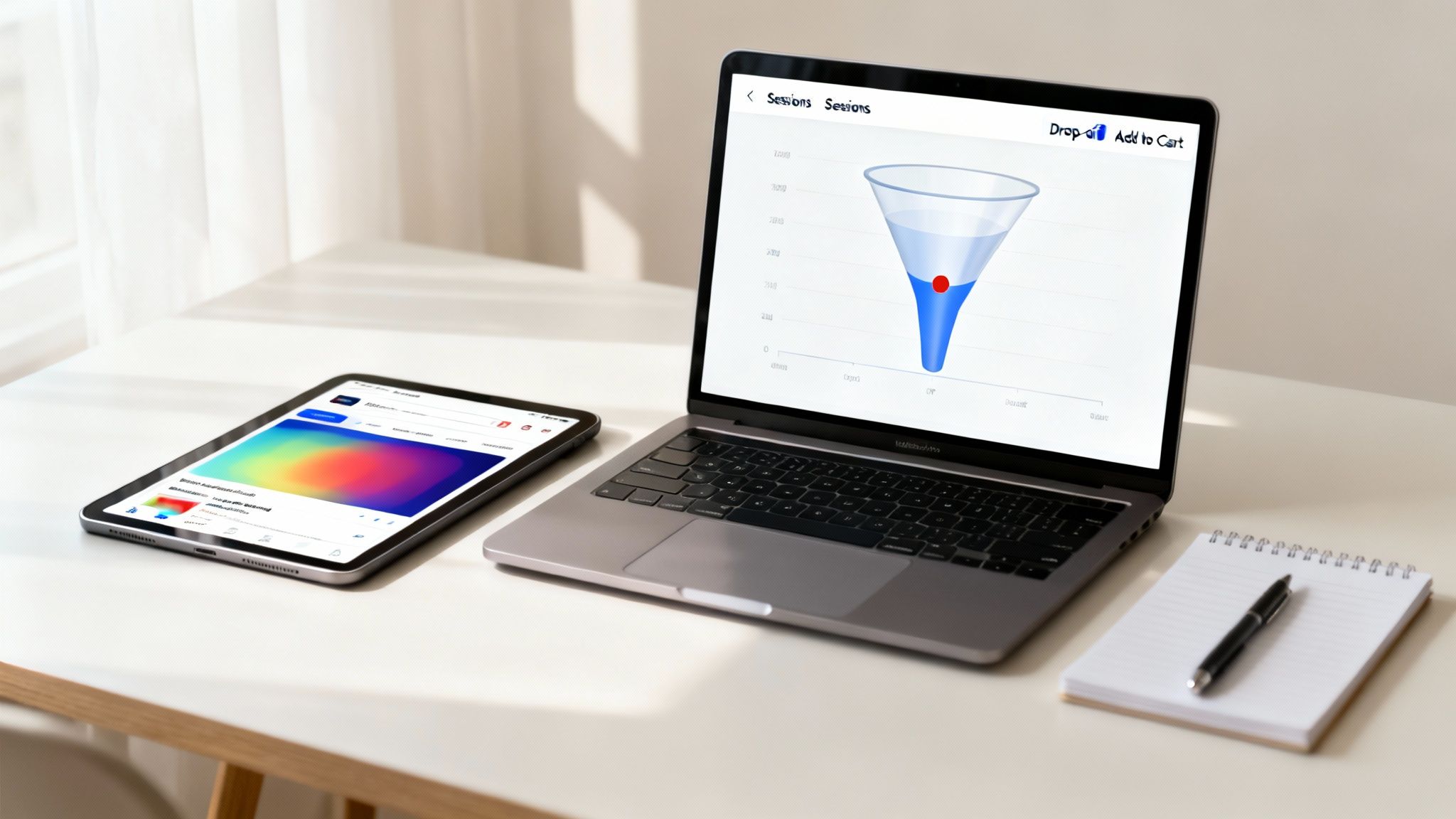 Modern workspace with a laptop displaying an e-commerce conversion funnel chart and a tablet.