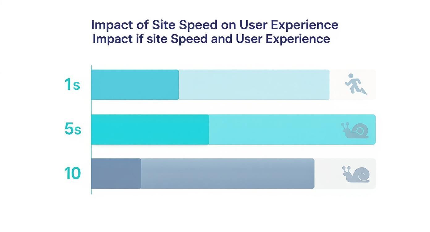 Infographic with three bars showing the impact of site speed on ecommerce conversion rates, with icons for 1, 5, and 10 seconds.