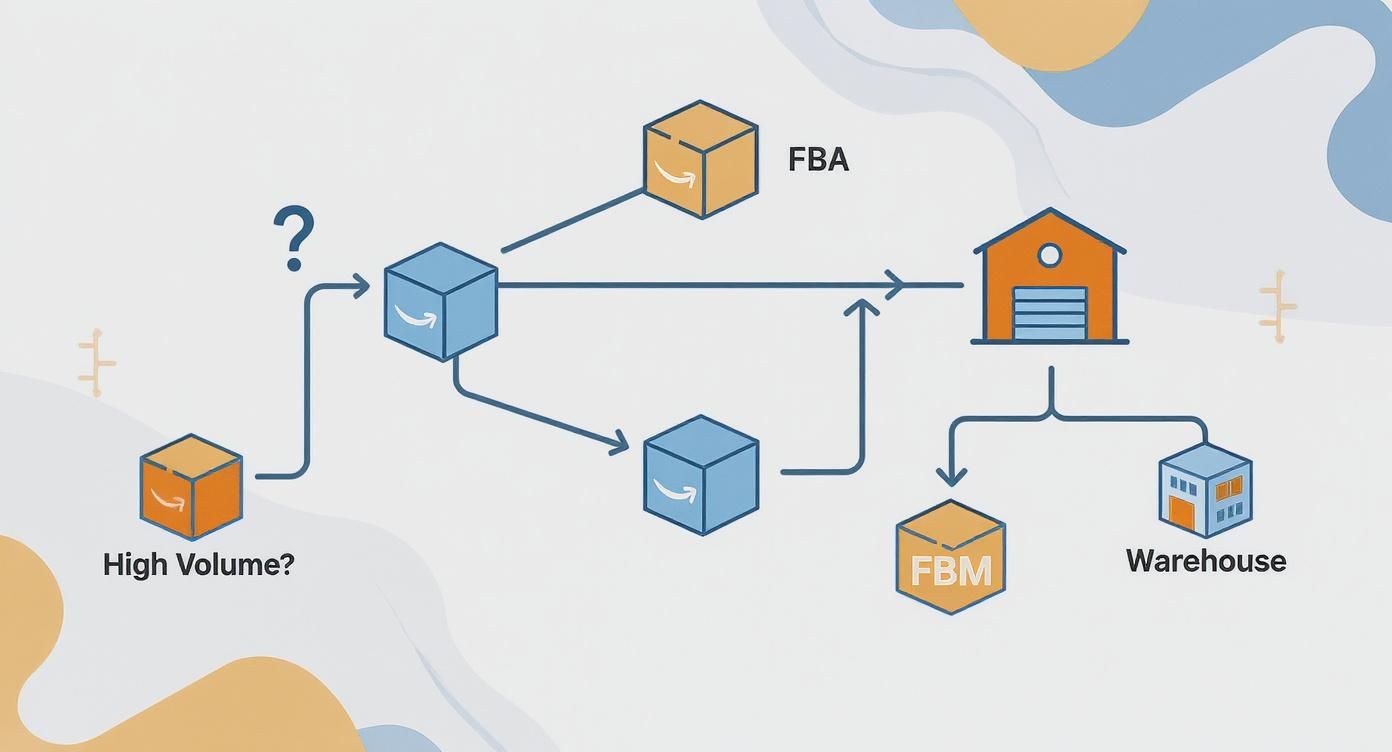Amazon FBA and FBM fulfillment workflow diagram showing warehouse distribution and high volume inventory paths