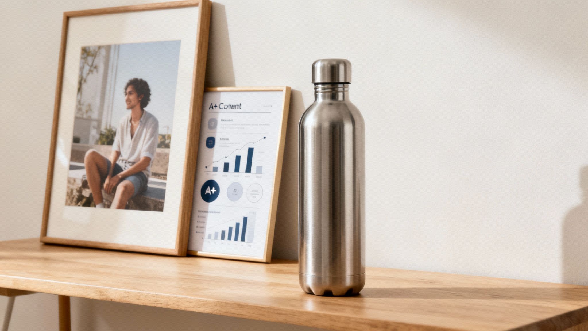 Modern shelf with a framed photo, A+ Content graphic, and a sleek stainless steel water bottle.