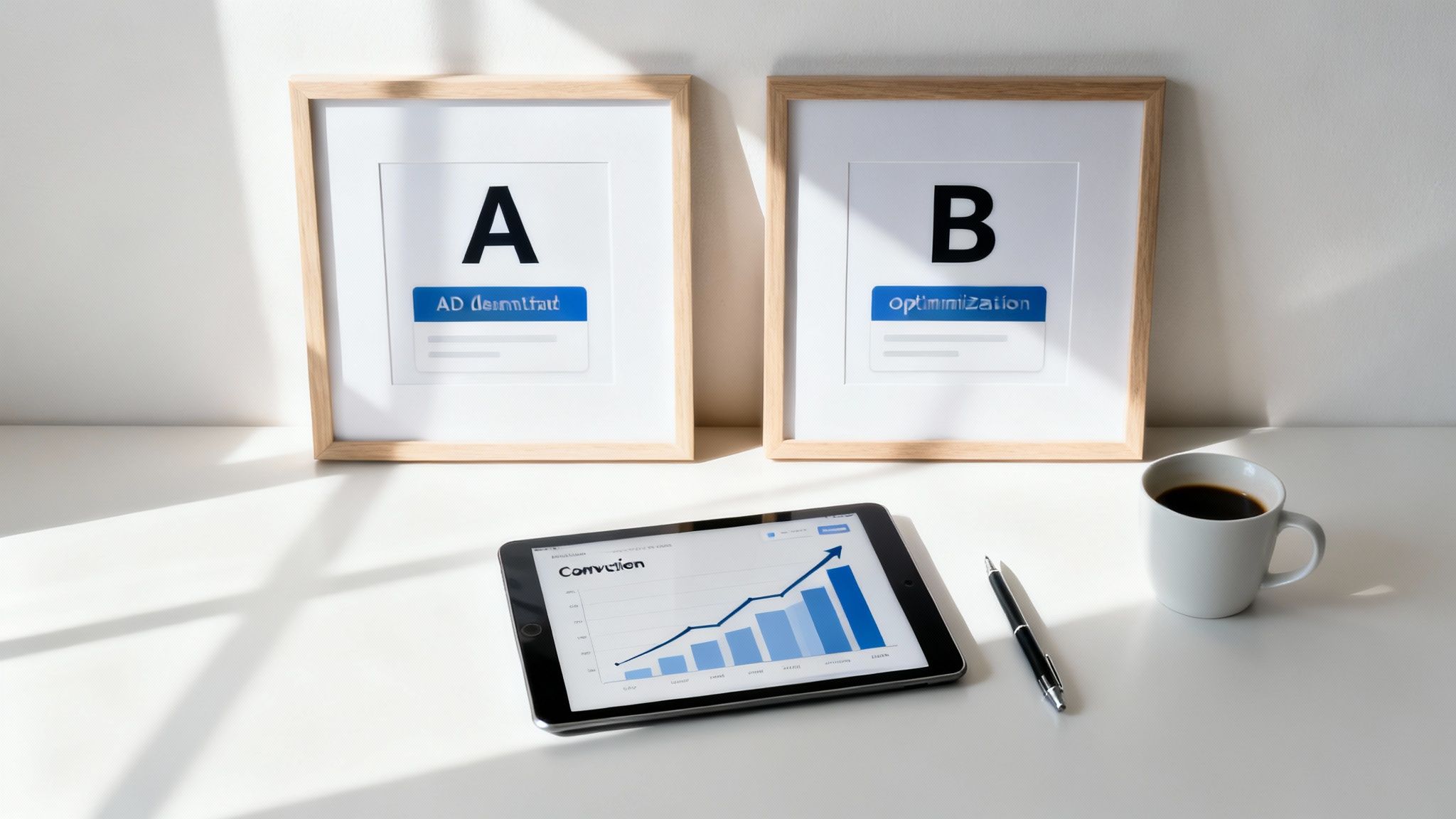 Desk with A/B testing frames 'AD Consultant' and 'Optimization', and a tablet displaying a conversion graph.