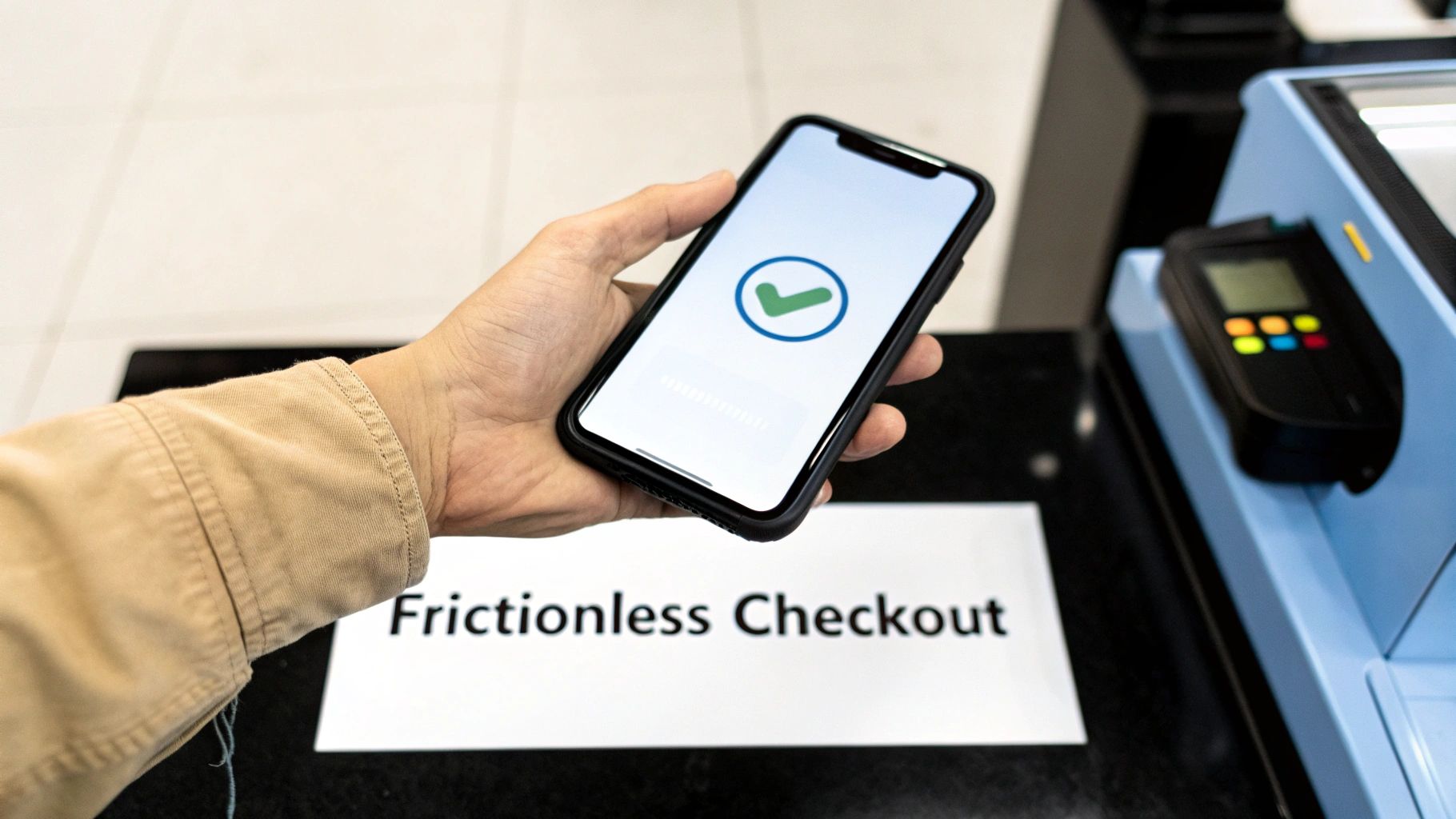 A user happily completing a mobile checkout on a smartphone, illustrating a frictionless process.