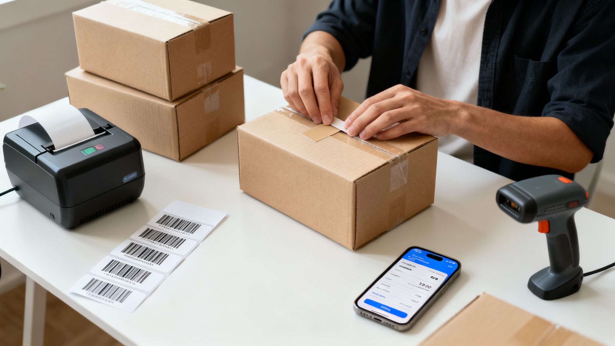 A person tapes a cardboard box, surrounded by shipping supplies like a printer, labels, and scanner.