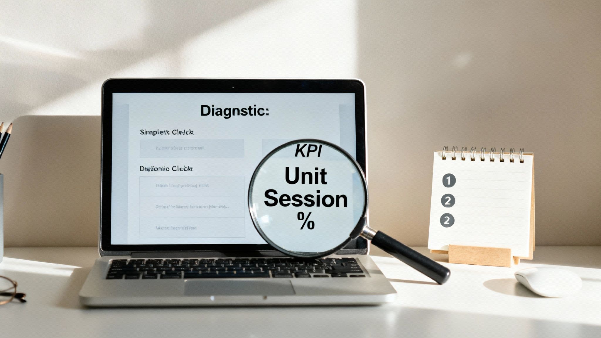 A laptop displaying data analysis metrics with a magnifying glass emphasizing 'KPI Unit Session %'.
