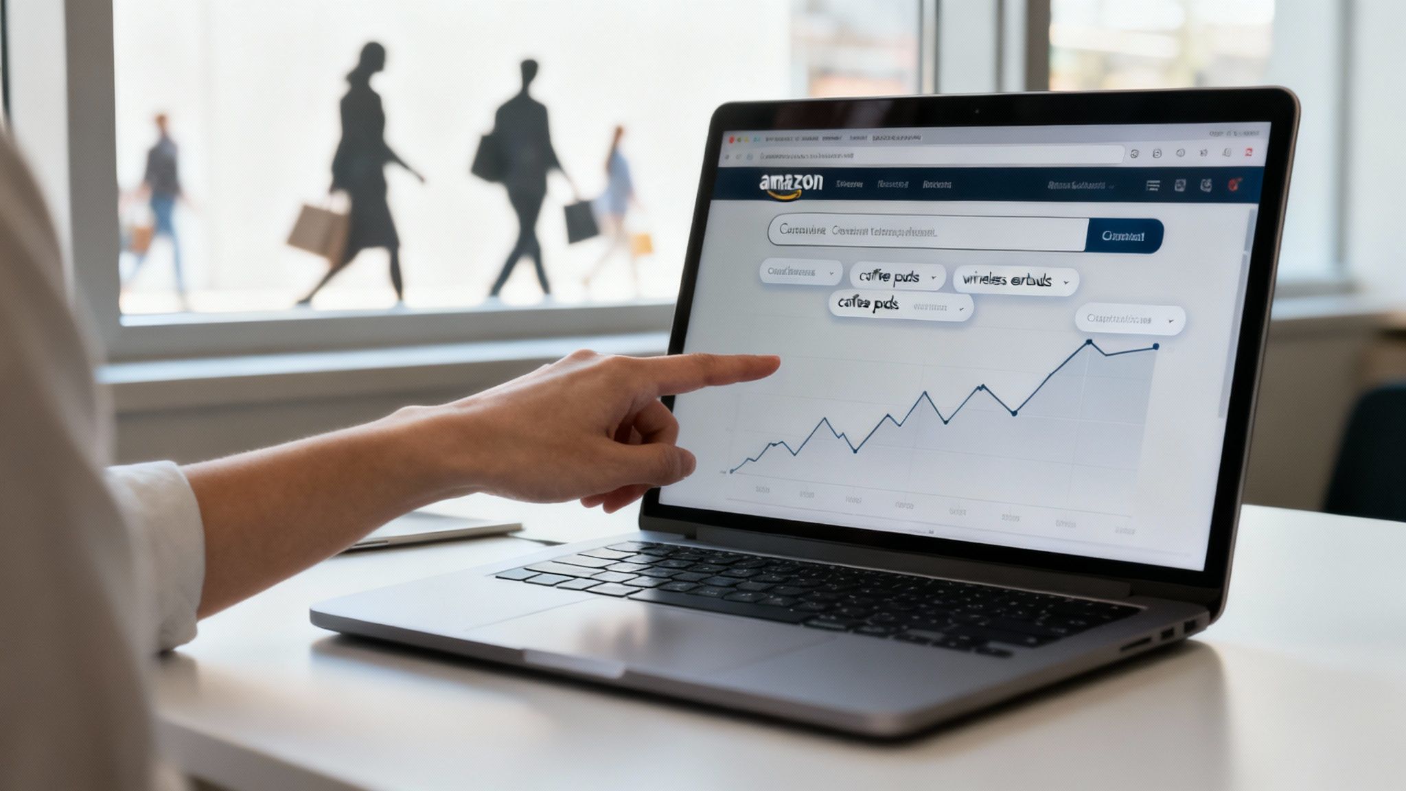 A person's hand points at a laptop displaying Amazon search trends for 'coffee pods' and 'wireless earbuds' with a line graph.
