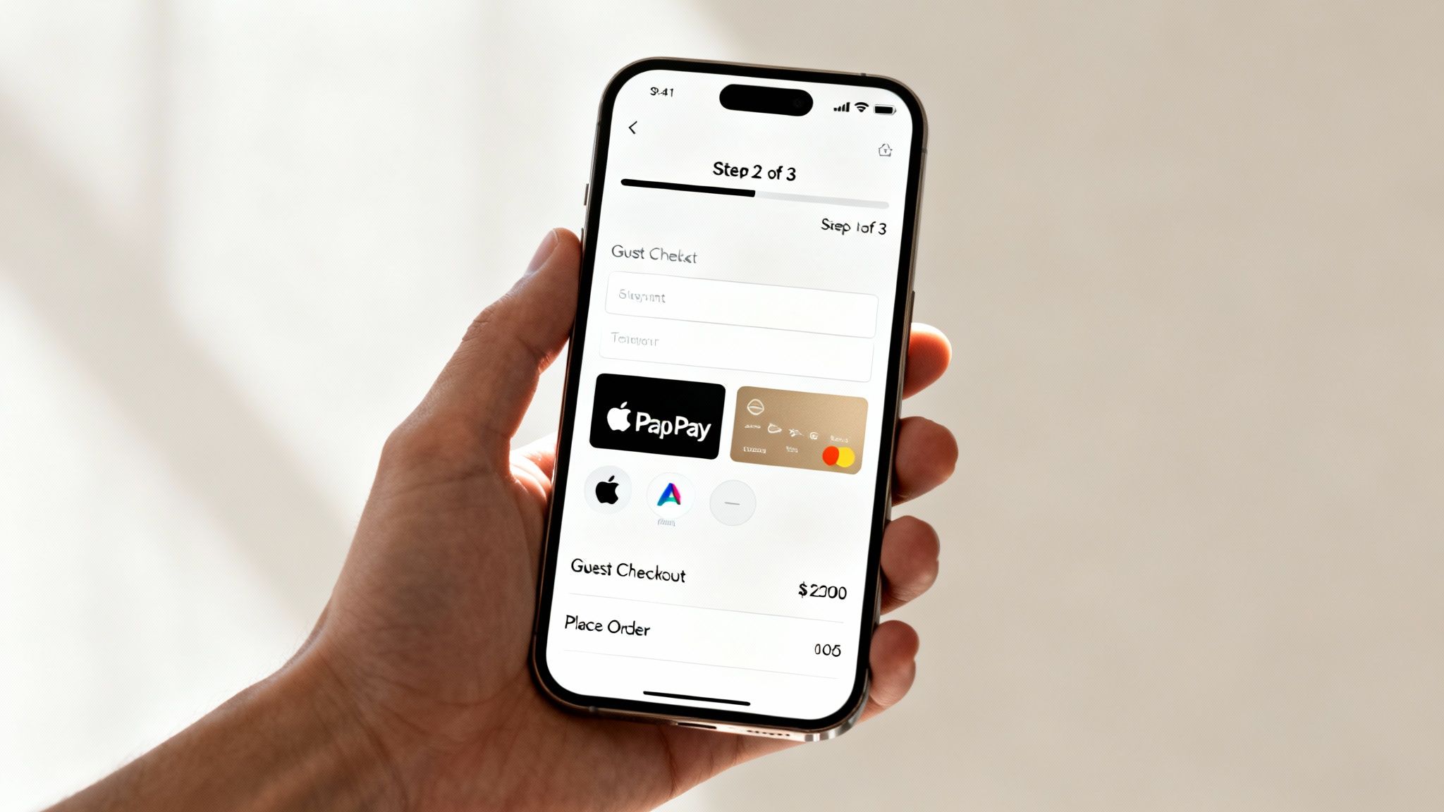 A close-up of a hand holding an iPhone showing a digital checkout process with multiple payment methods.