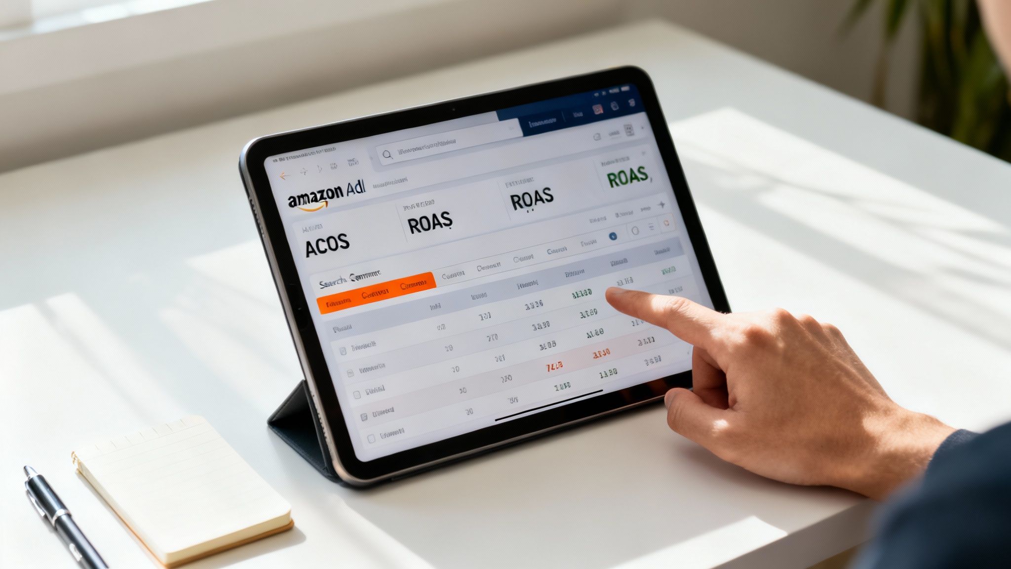 Person's hand interacting with a tablet displaying Amazon Ads data like ACOS and ROAS on a white desk.