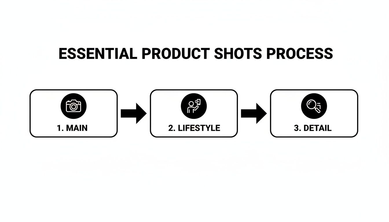 Flowchart illustrating the essential product shots process: Main, Lifestyle, and Detail photography stages.