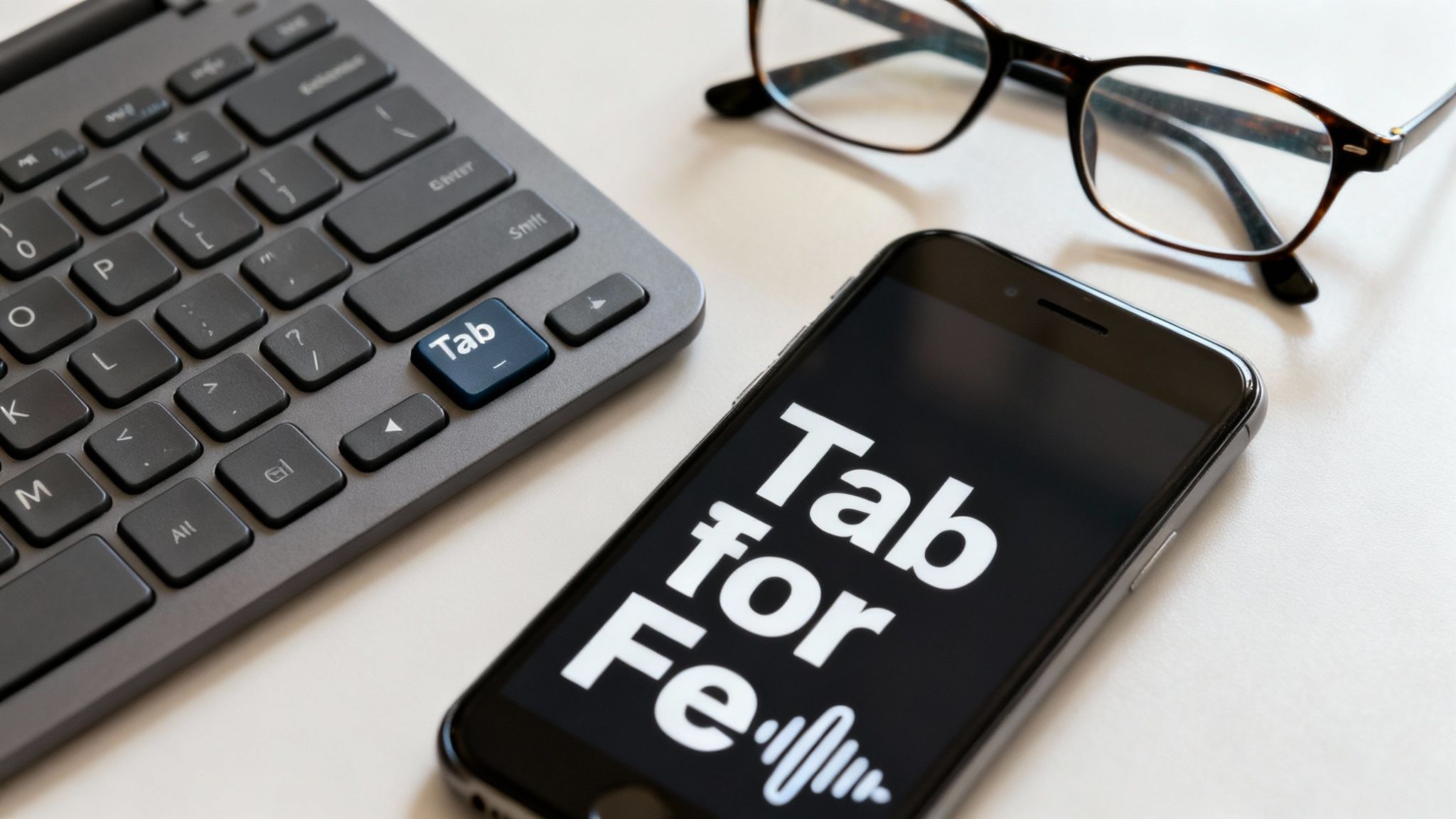 A flat lay shows a laptop keyboard with a blue Tab key, a smartphone with 'Tab for Fe' displayed, and eyeglasses.