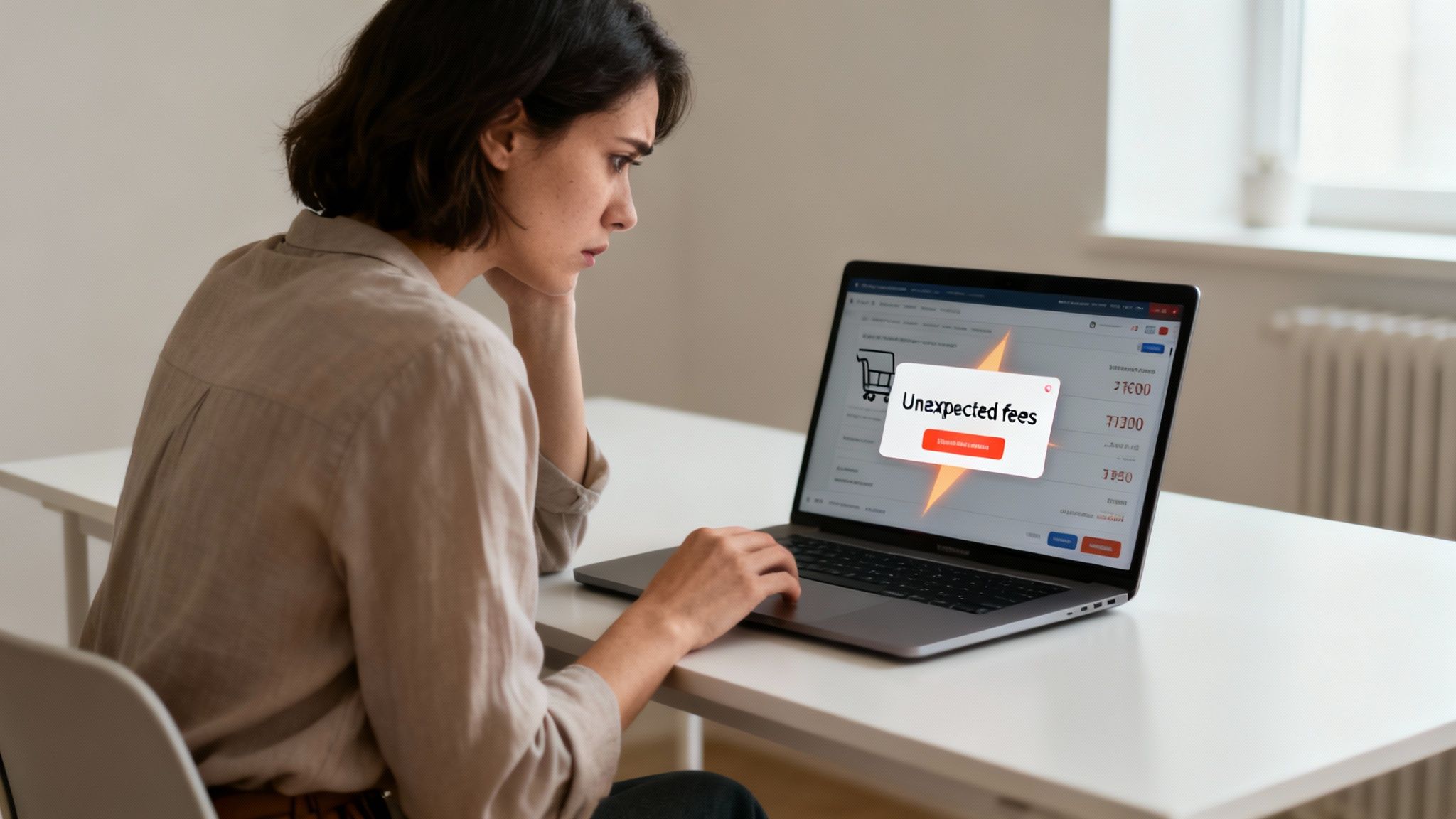A distressed woman looks at her laptop screen displaying 'Unexpected fees' on a shopping cart page.