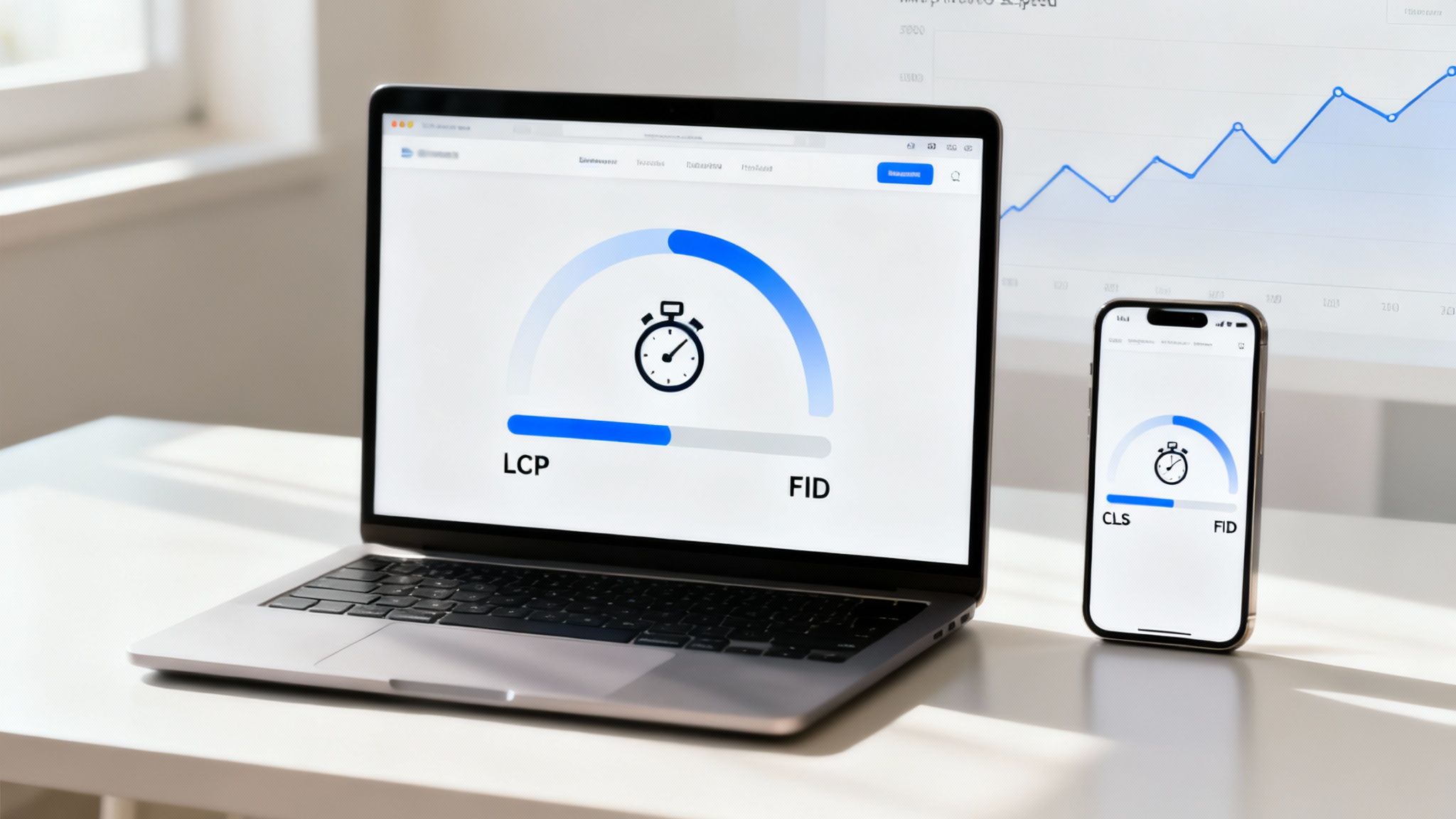 Laptop and smartphone displaying web performance metrics with stopwatch icons and progress bars, indicating core web vitals.