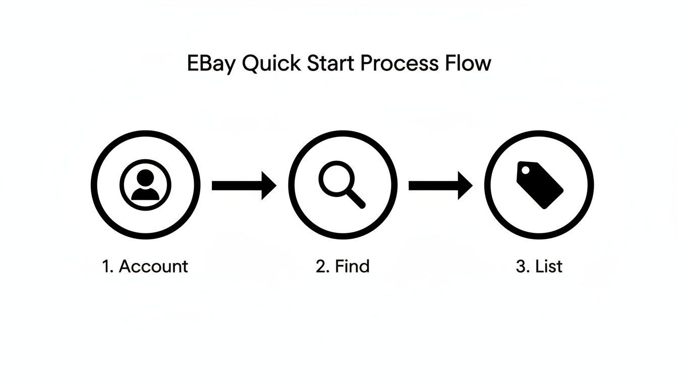 Flowchart showing three steps to sell on eBay: Account setup, finding items, and listing products.
