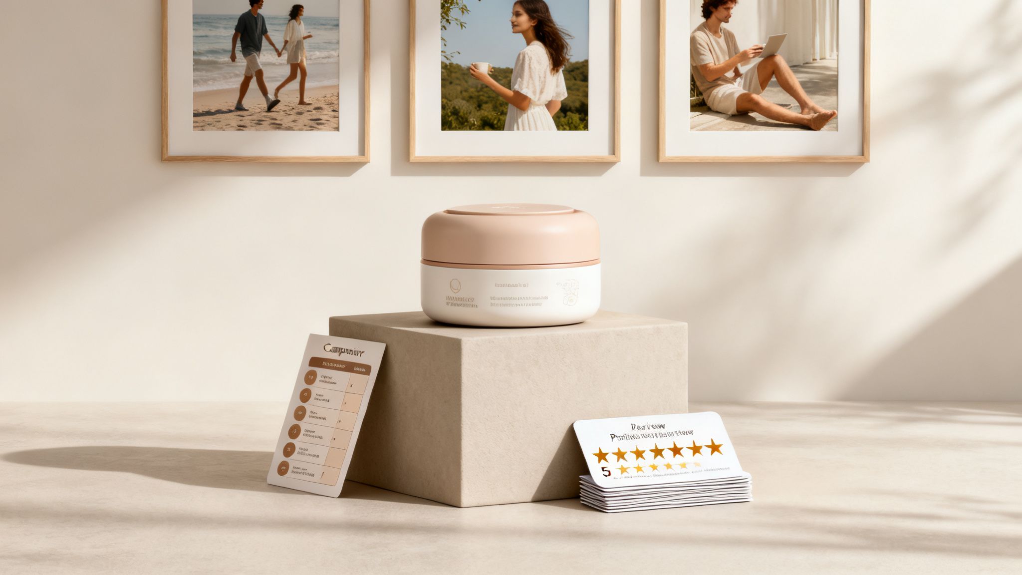 A beige and white product jar on a pedestal with companion and 5-star review cards, framed lifestyle photos.