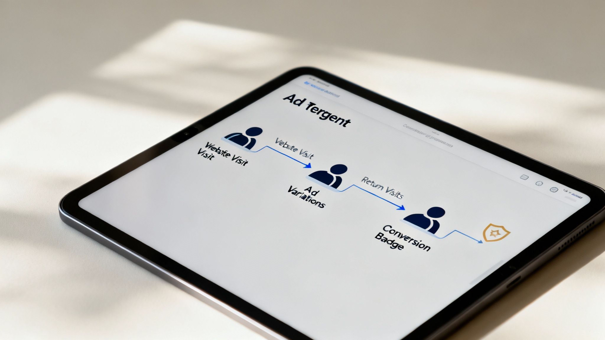 Tablet displaying ad retargent sales funnel diagram showing website visit to conversion badge stages
