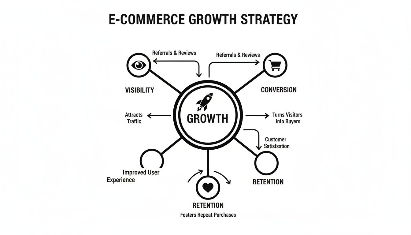 Infographic showing an e-commerce growth strategy, detailing how visibility, conversion, and retention drive success.