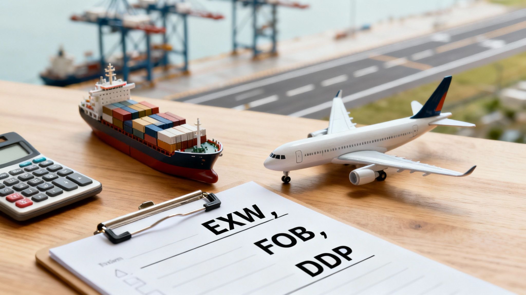 Miniature models of a cargo ship and airplane with calculator and Incoterms EXW, FOB, DDP.
