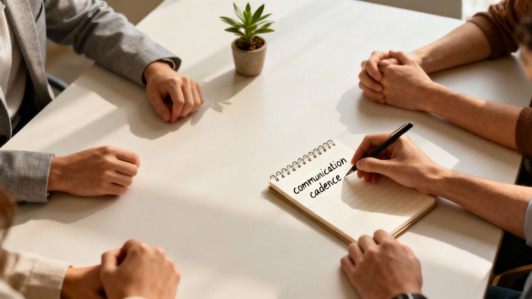 Two people shaking hands across a desk, signing a contract.