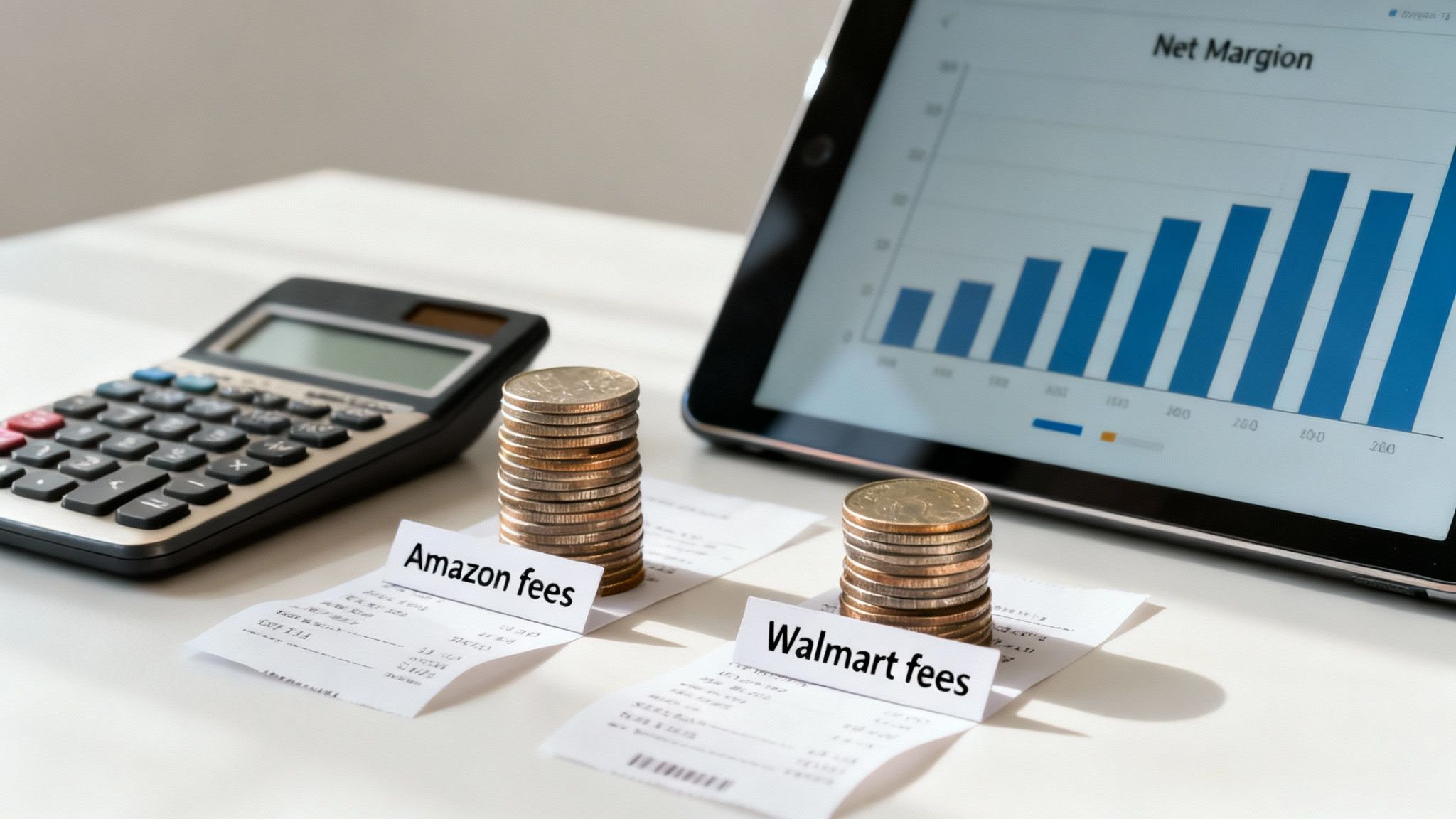 Stacks of coins on receipts labeled 'Amazon fees' and 'Walmart fees' next to a calculator and net margin chart.
