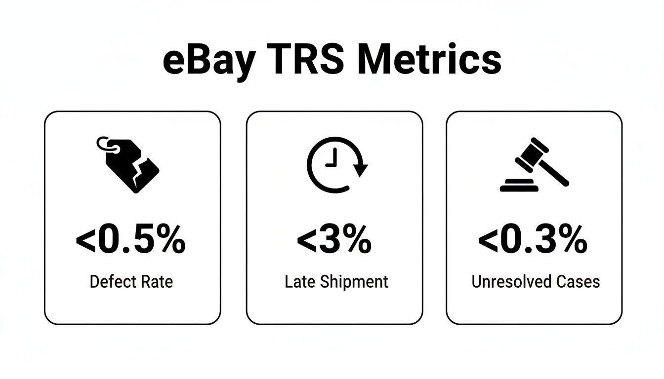eBay Top Rated Seller metrics displaying targets for defect rate, late shipment, and unresolved cases.