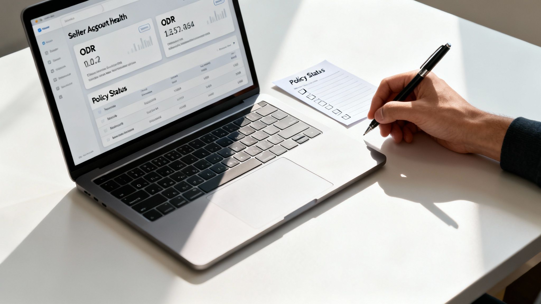 Person checking policy status on a checklist next to a laptop displaying seller account health metrics.