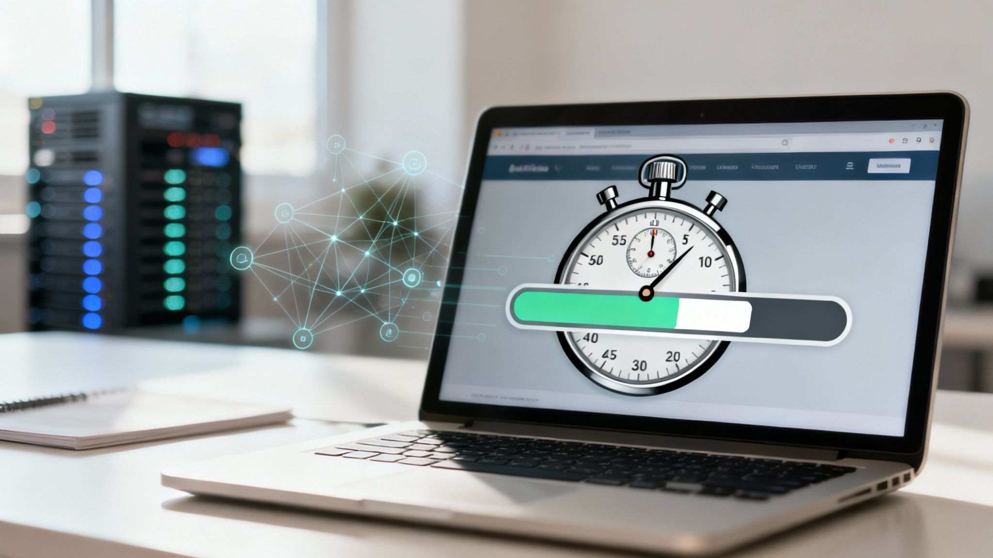 Laptop displaying stopwatch with loading bar and network diagram representing website speed performance analysis