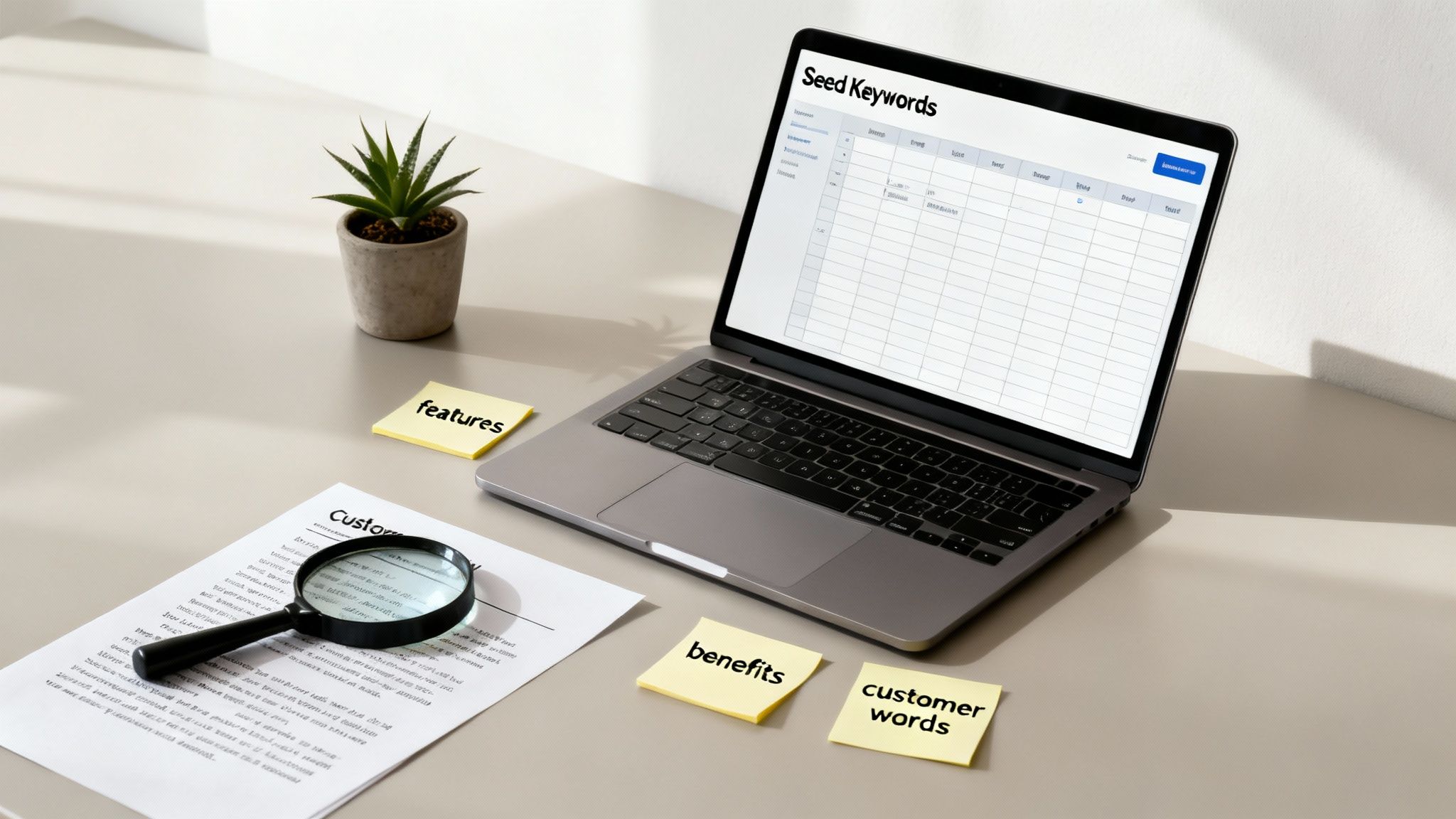 Desk with laptop displaying a keyword list, document, magnifying glass, and sticky notes.