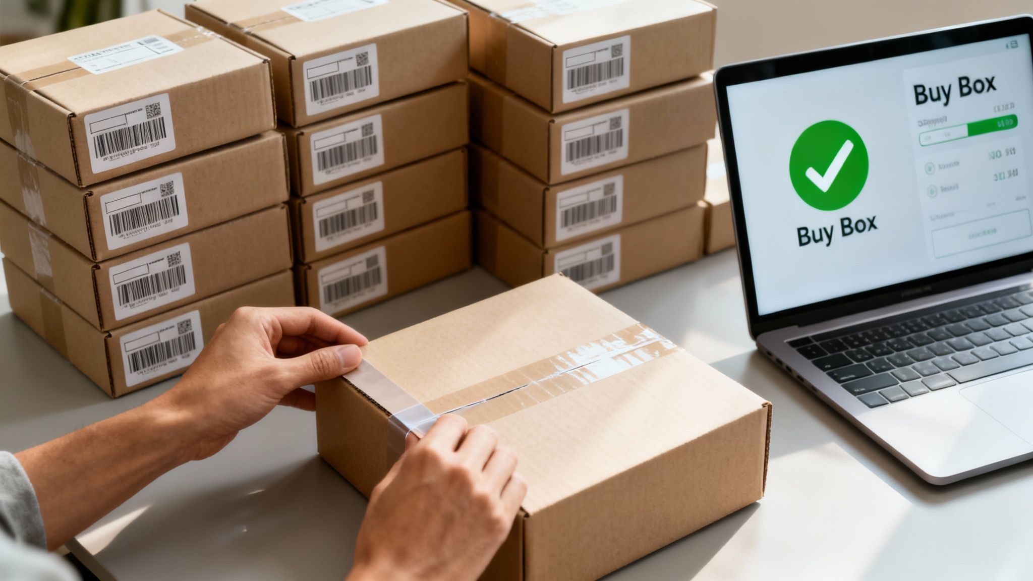 Hands taping a shipping box next to stacks of packages and a laptop showing 'Buy Box'.