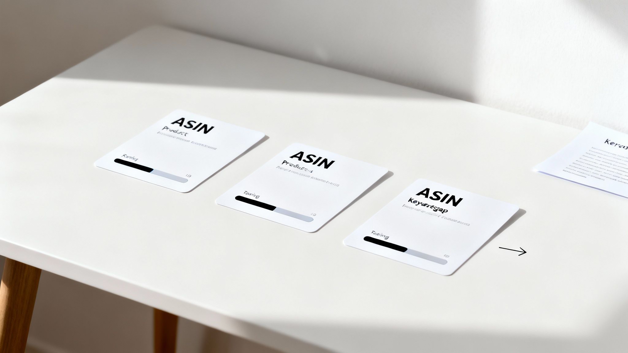 Three white cards labeled 'ASIN Product' and 'ASIN Keywordgap' with progress bars on a white table.