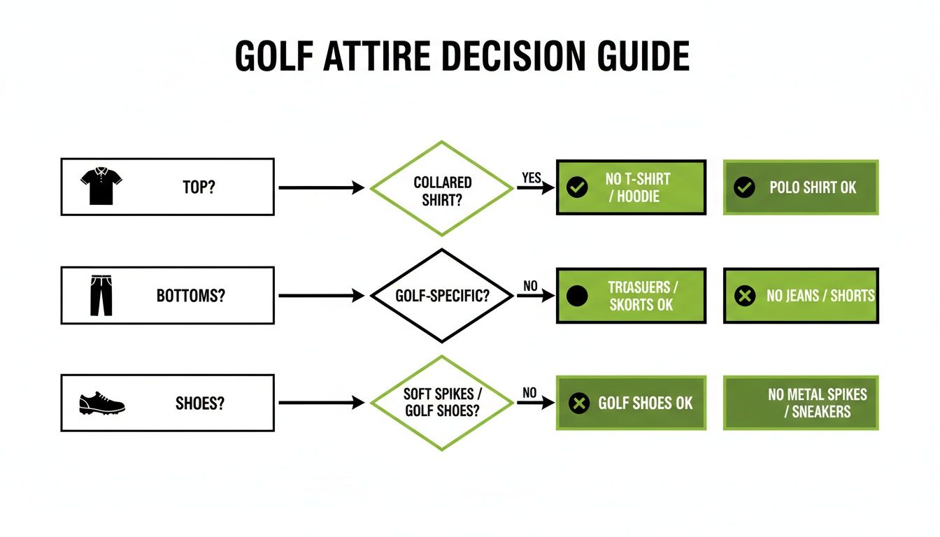 A golf attire decision guide flowchart showing rules for tops, bottoms, and shoes, distinguishing acceptable from unacceptable golf wear.