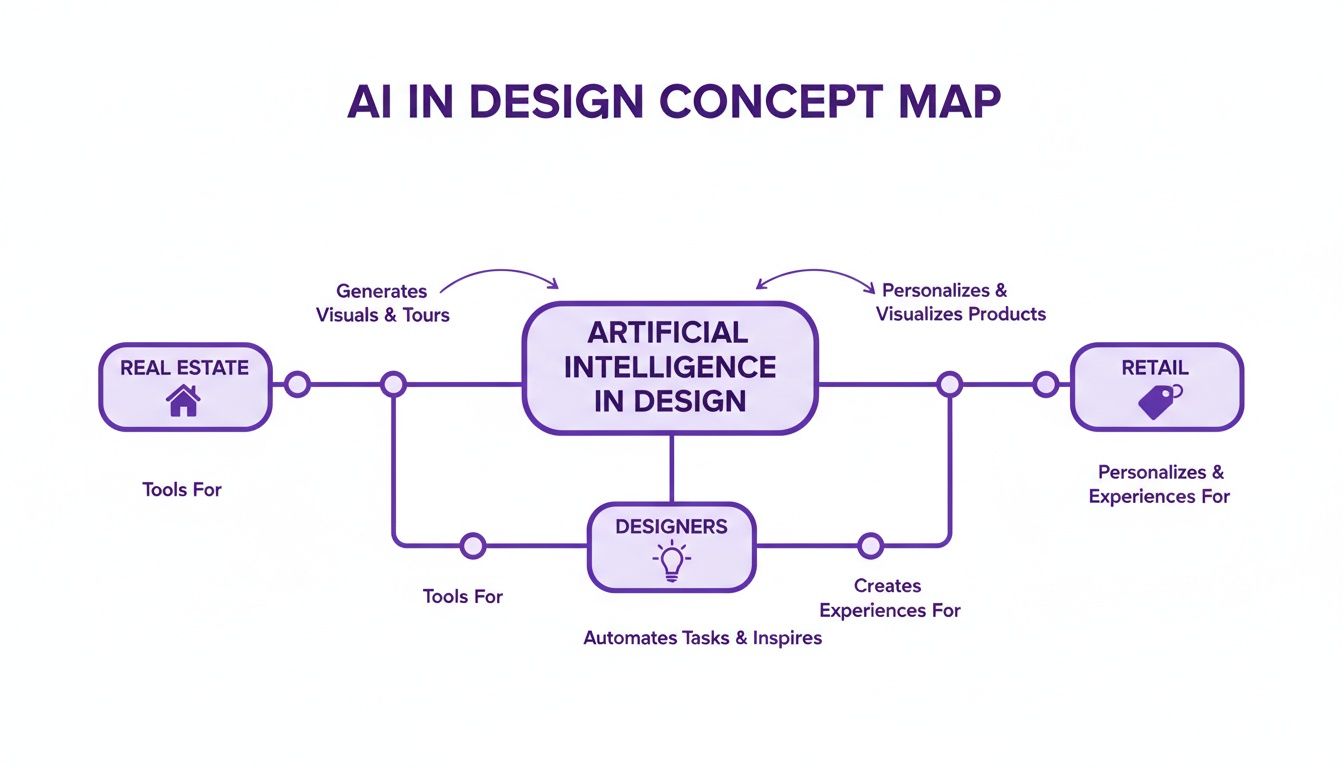 Concept map showing Artificial Intelligence in Design's applications across real estate, retail, and for designers.