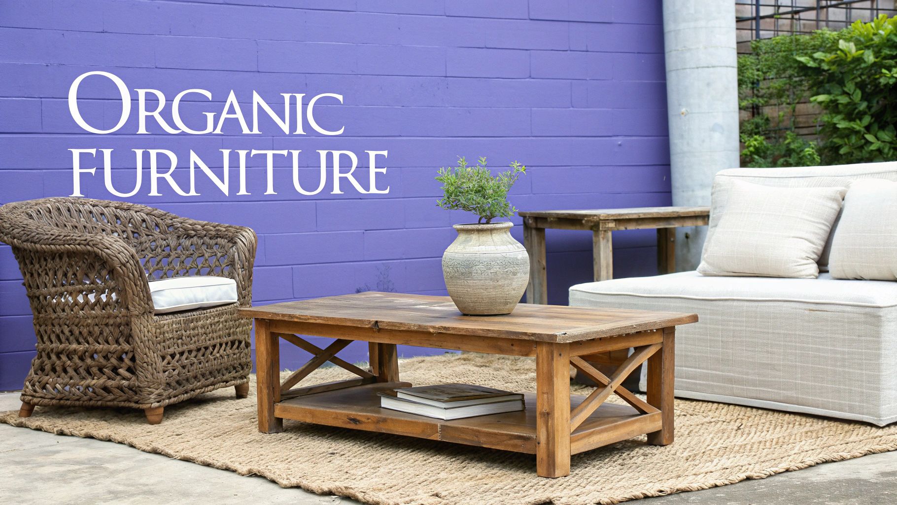 A natural outdoor furniture setting with a wicker chair, wooden coffee table, and beige sofa.