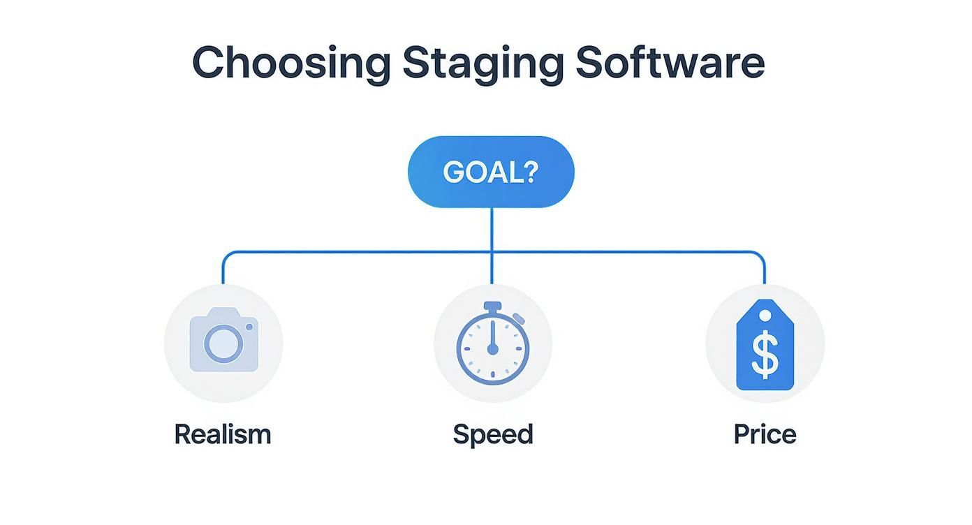 Infographic decision tree for choosing the best virtual staging software, with branches for realism, speed, and price.