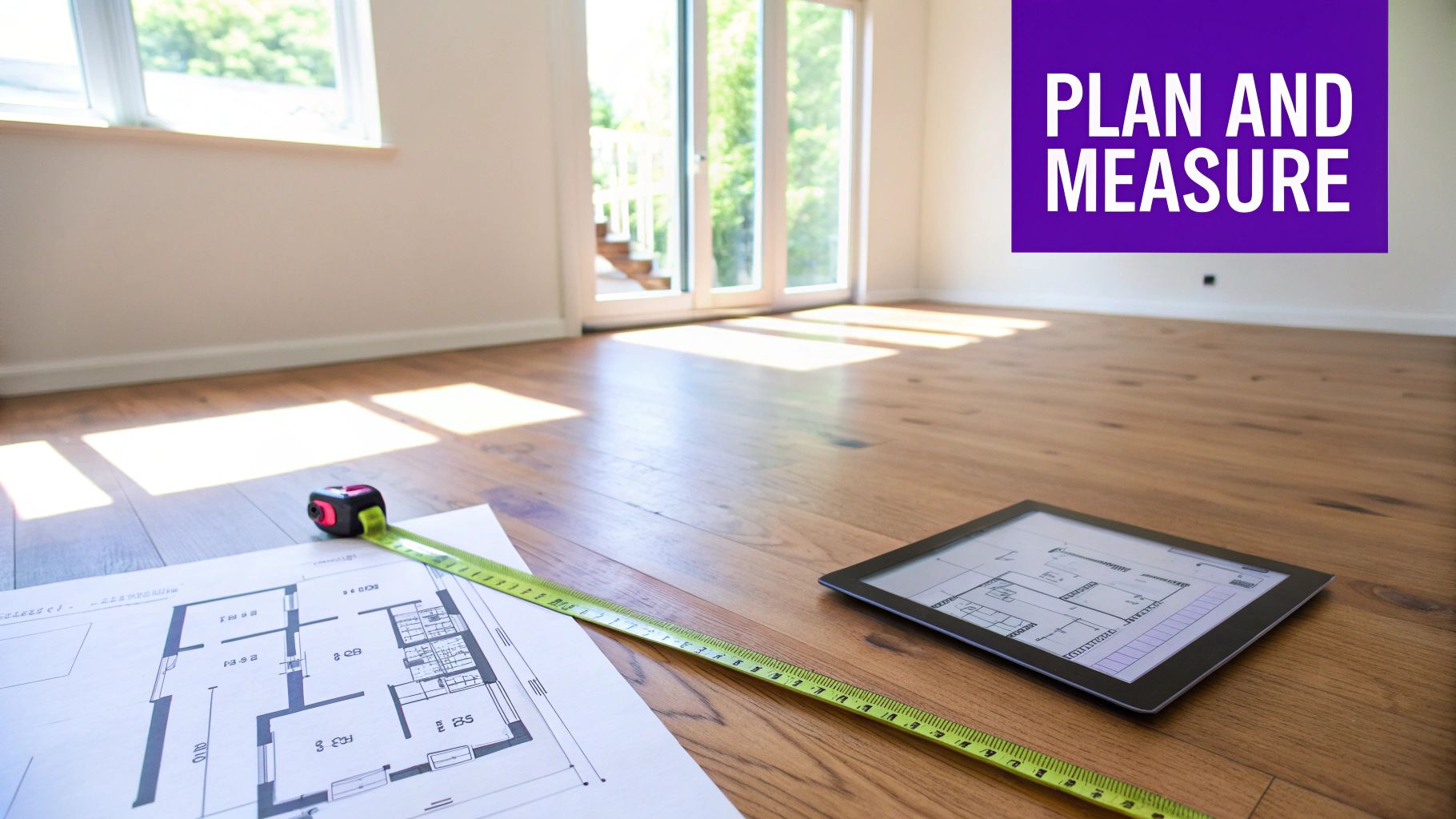 Empty room with wooden floors, a blueprint, measuring tape, and tablet displaying a floor plan.