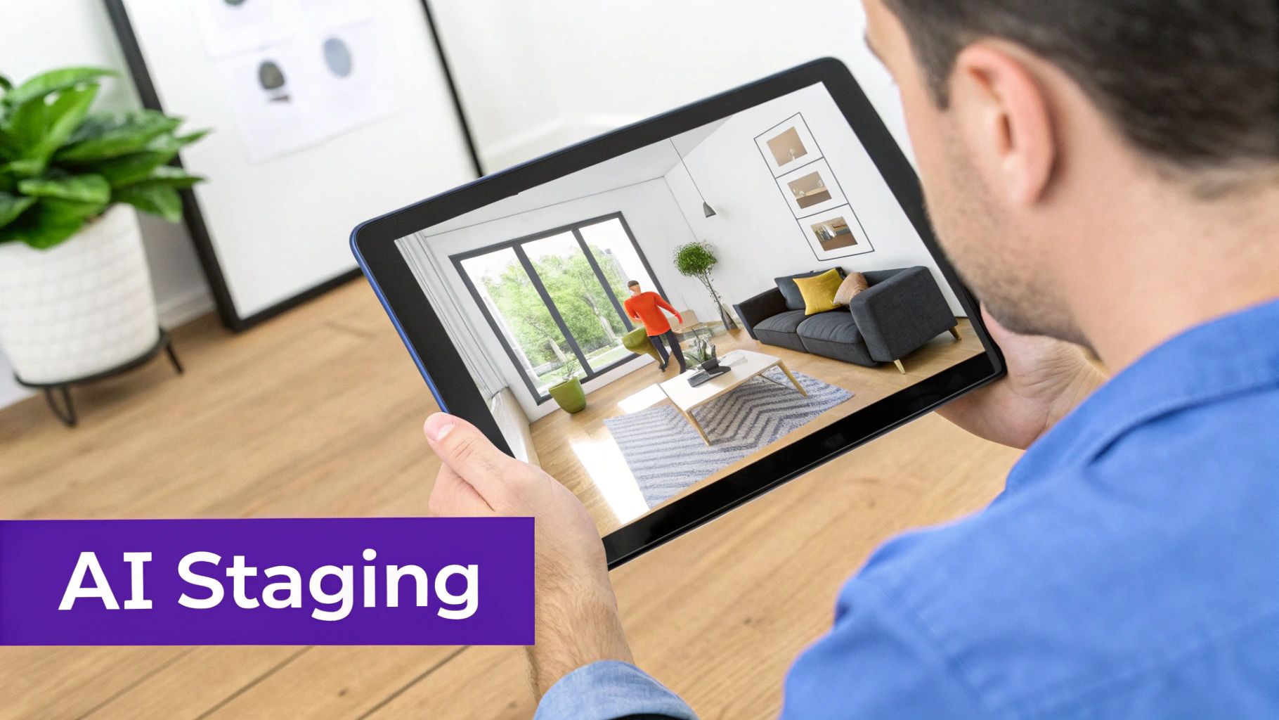 Man using tablet to view AI-powered virtual home staging software for interior design visualization