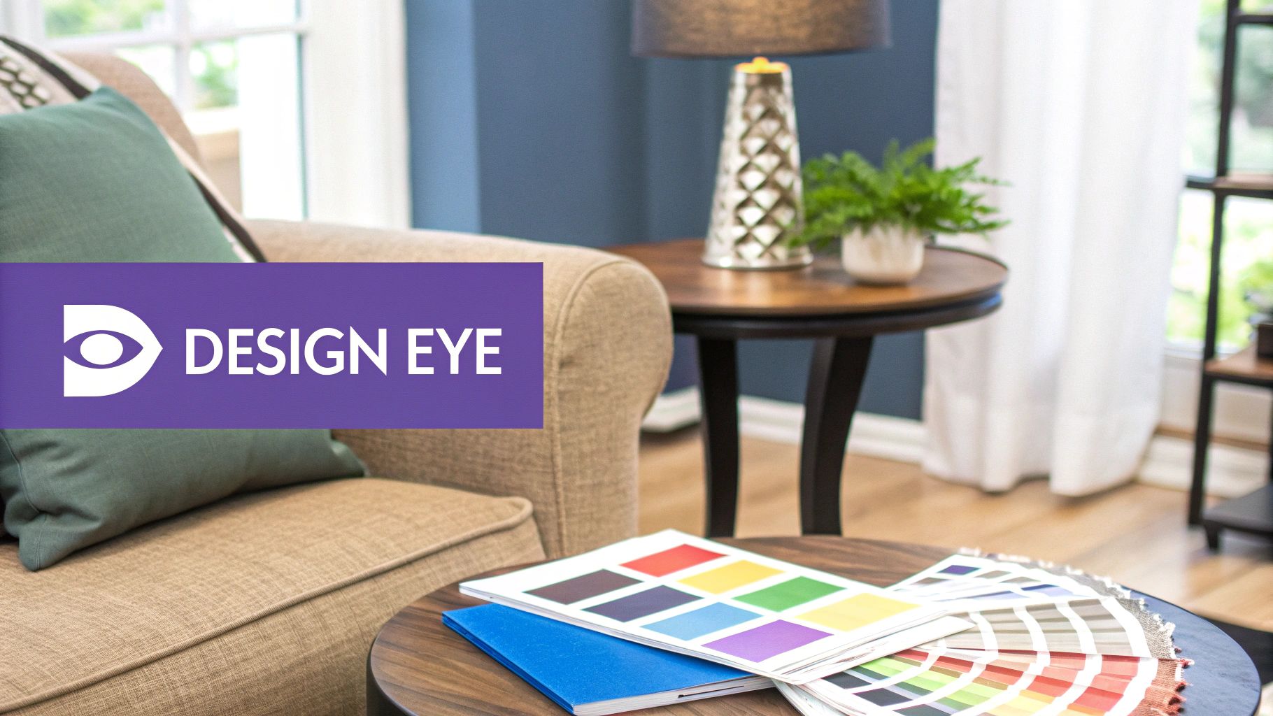 A home staging consultation setup with design samples, furniture, and a 'DESIGN EYE' brand.