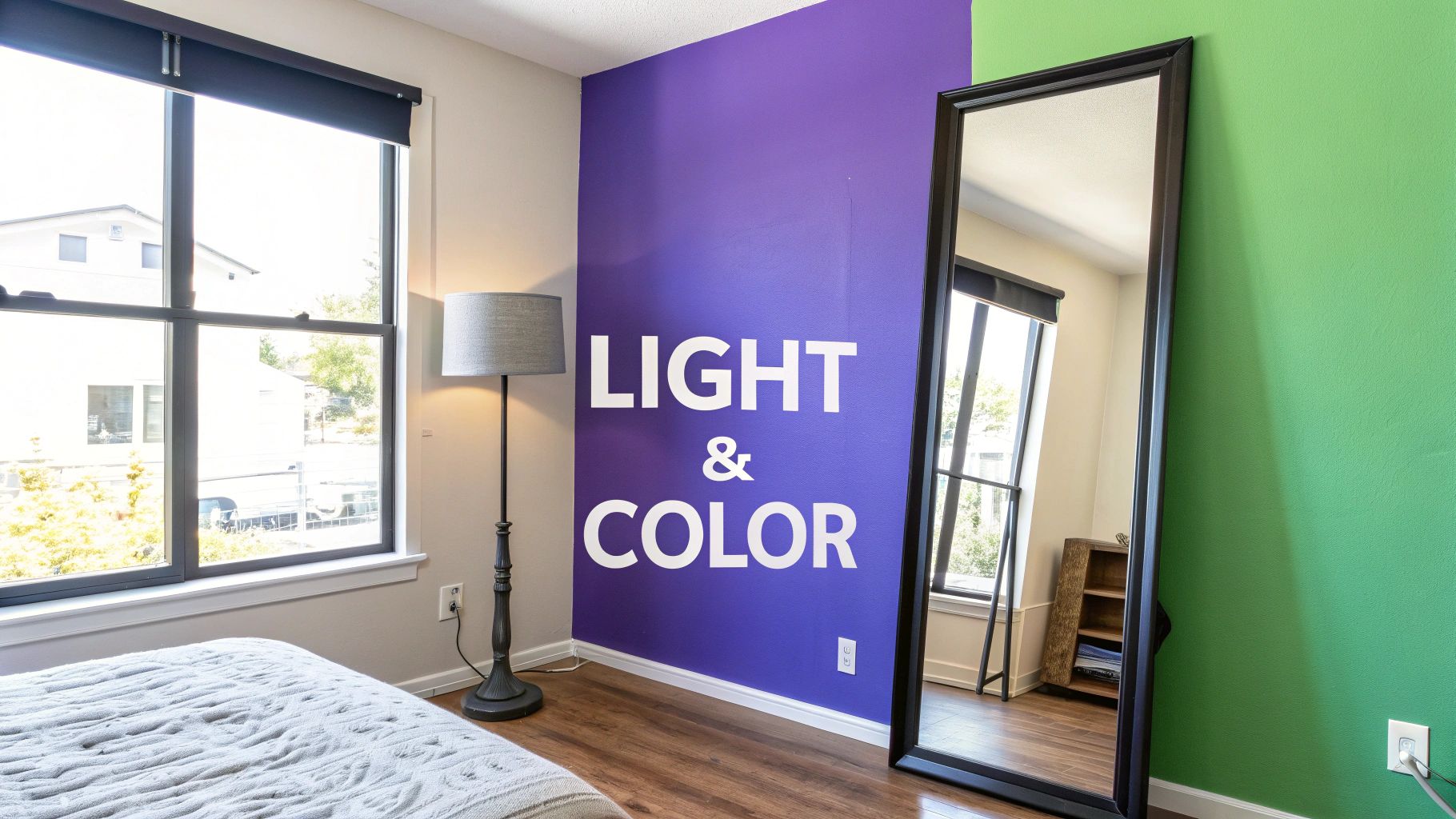 A vibrant bedroom with purple and green walls, featuring a "LIGHT & COLOR" mural and a full-length mirror.