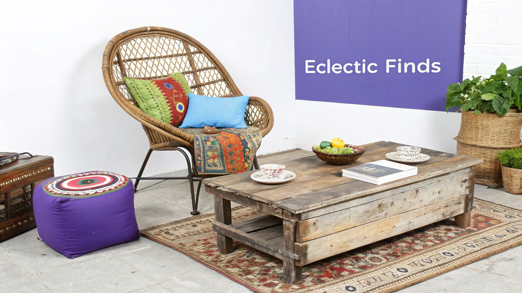 Eclectic bohemian living room with a rattan chair, rustic table, purple pouf, and patterned rug.
