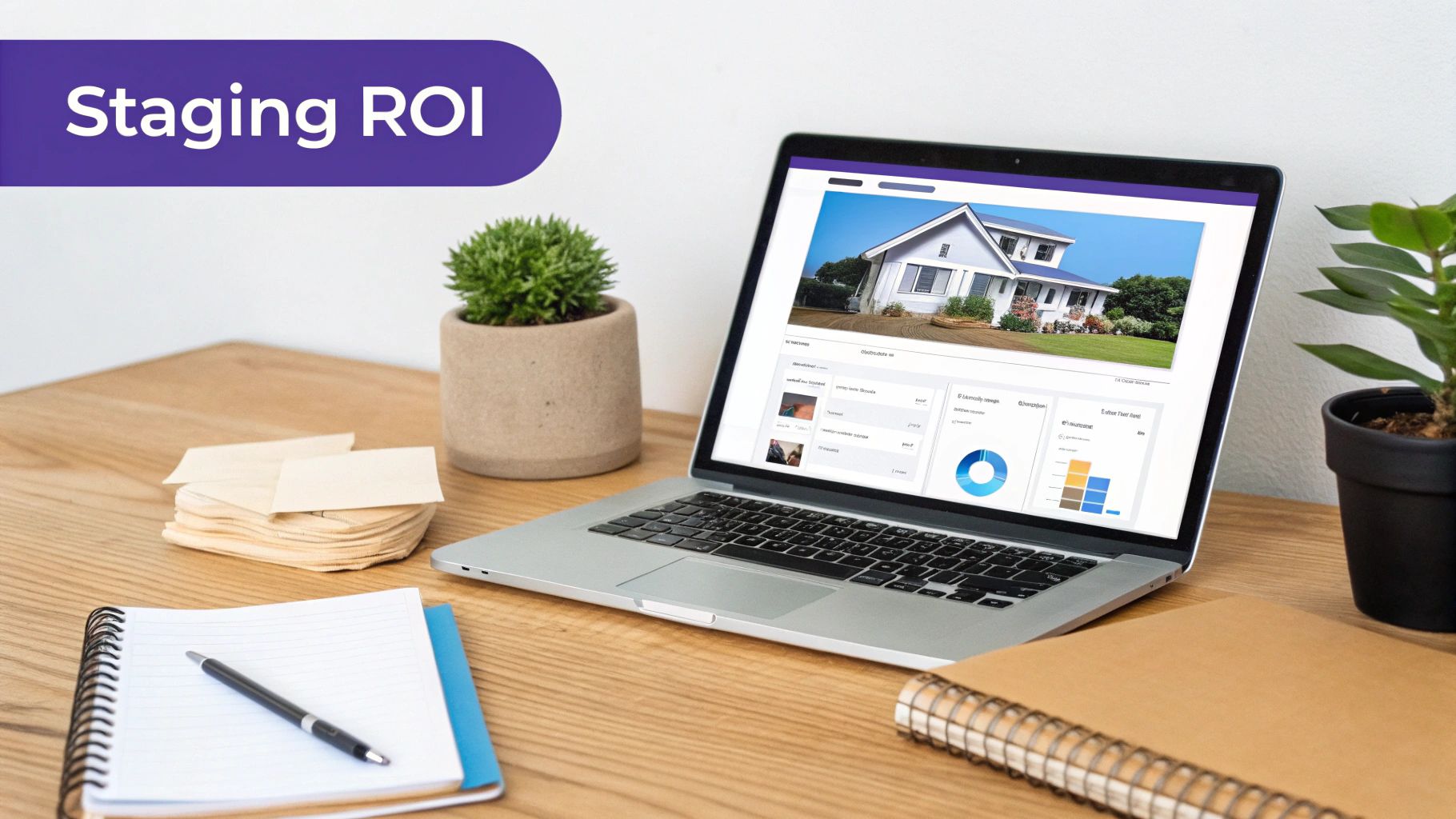 A laptop on a wooden desk displays a house image and financial data, with 'Staging ROI' text, a notebook, and plants.
