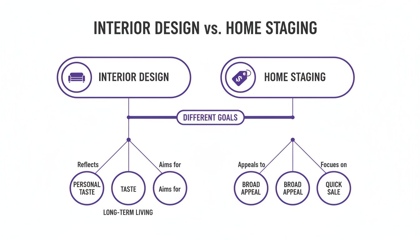 Infographic comparing interior design's personal taste and long-term living goals with home staging's broad appeal and quick sale.