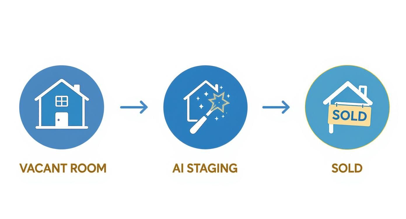 A visual representation of how AI staging transforms a vacant room into a sold property.