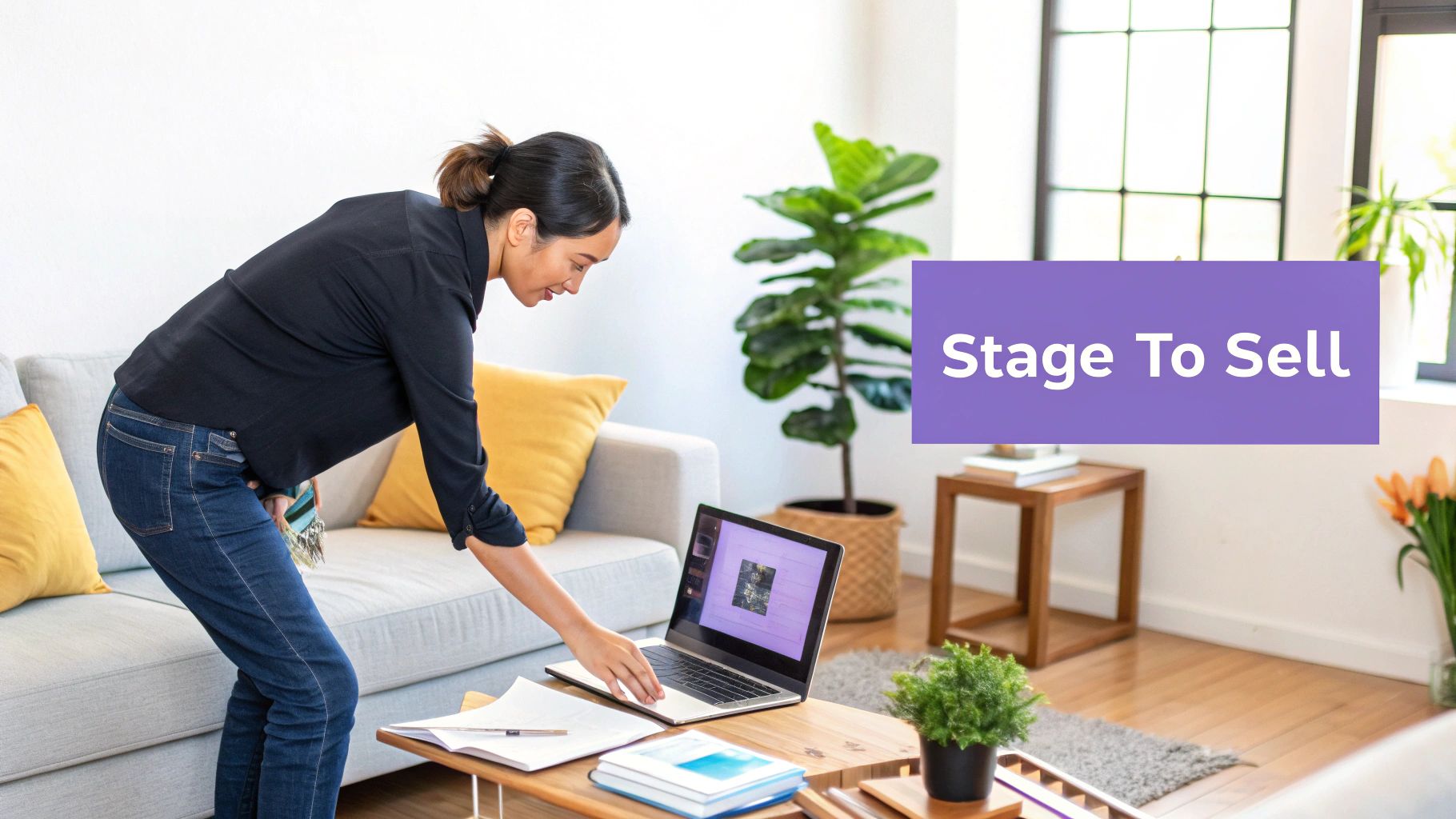 A woman adjusts items on a coffee table in a staged living room, preparing a home for sale.