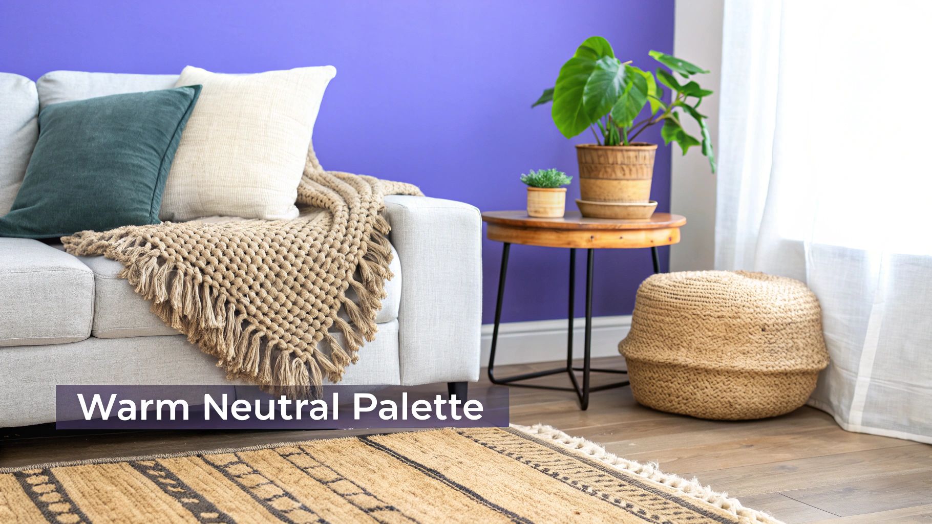 A vibrant living room with a purple wall, cozy grey sofa, neutral pillows, a knitted throw, potted plants, and a woven rug.