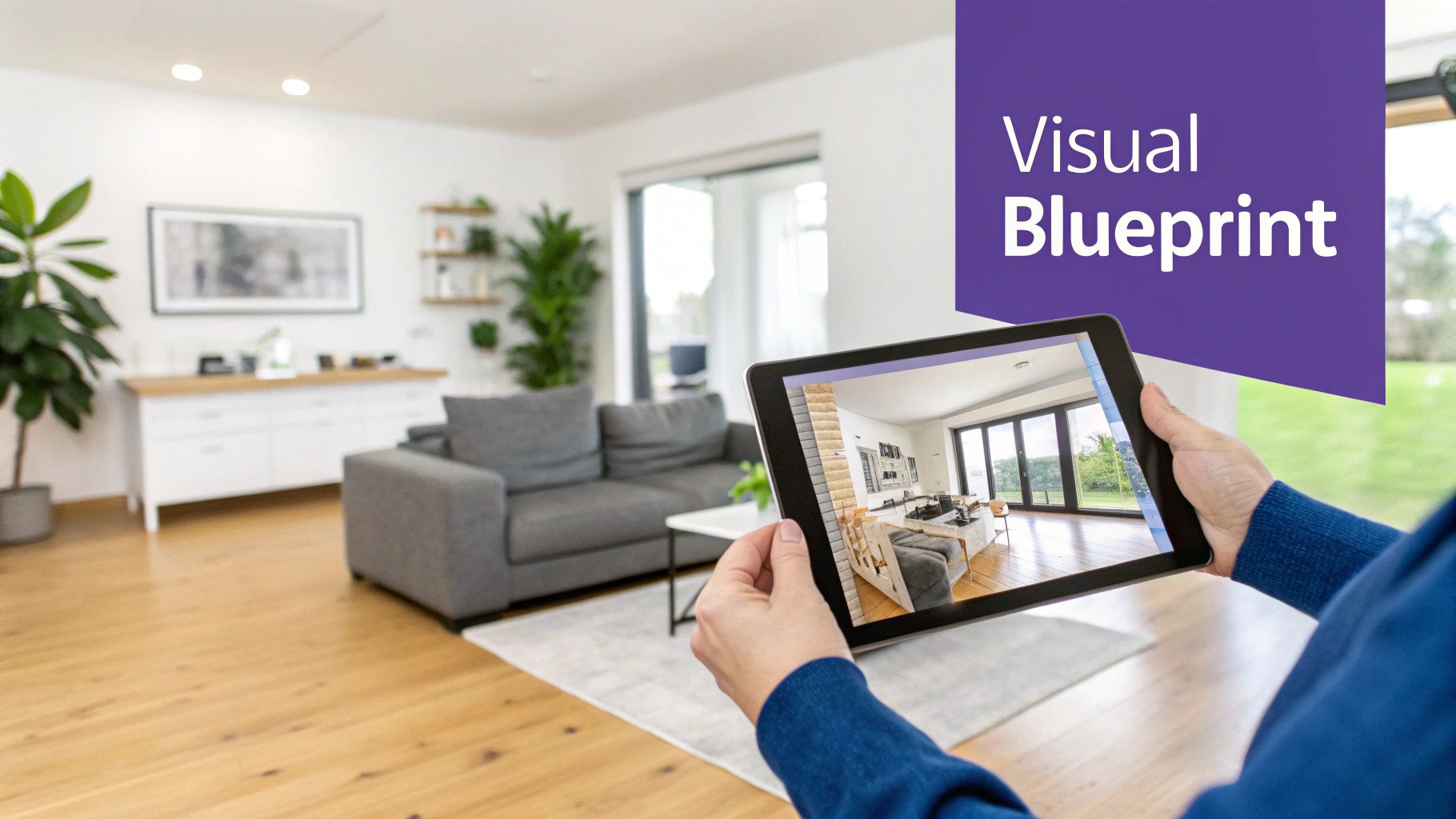 Person holding tablet displaying interior design rendering of modern living room with gray sofa