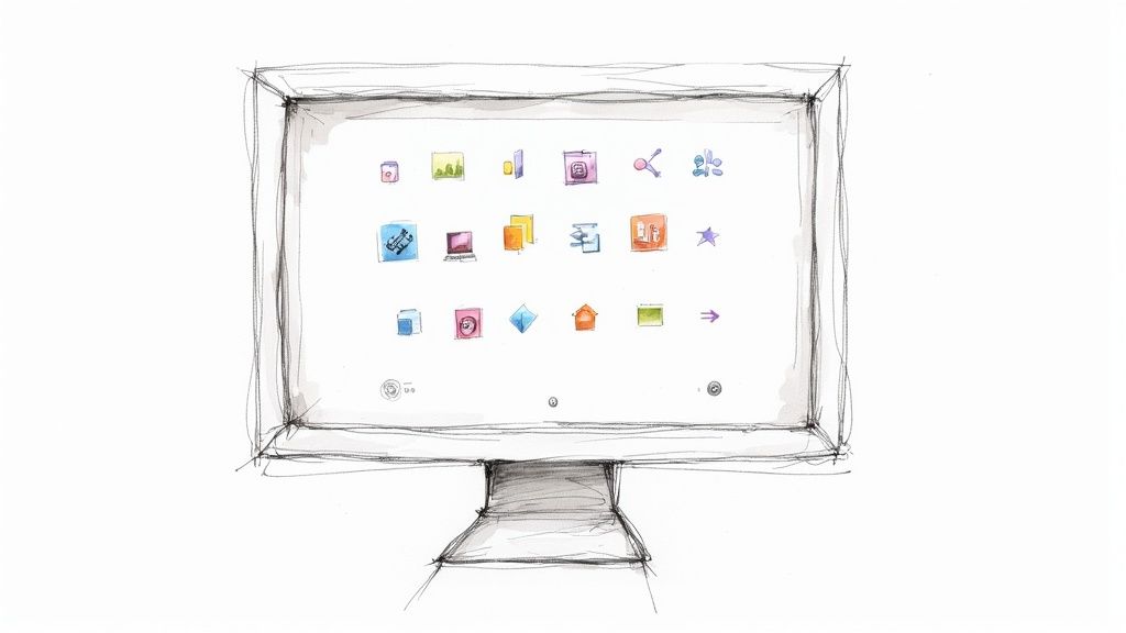 A designer's hands are shown fine-tuning an icon on a digital tablet, with color swatches and editing tools visible on the screen.