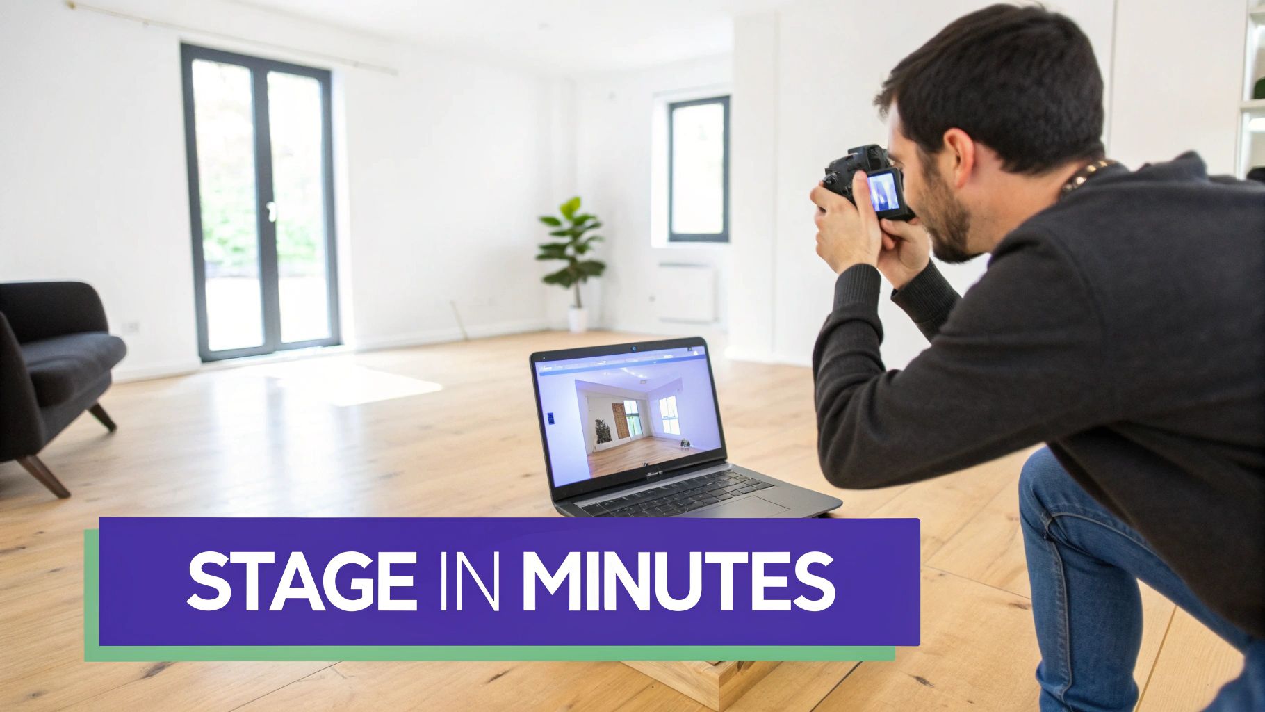 Man photographing an empty room, a laptop displaying a virtually staged interior, emphasizing quick staging.