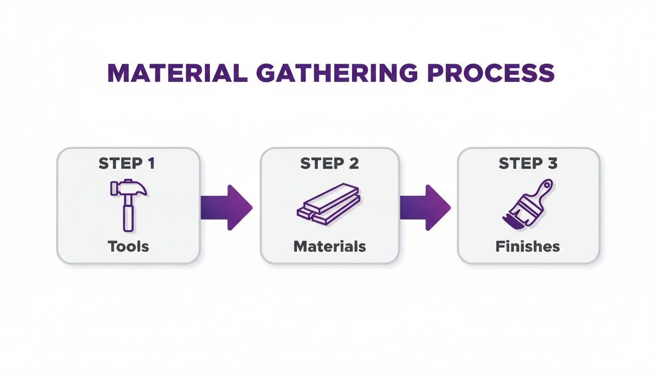 A three-step material gathering process graphic showing tools (hammer), materials (wood), and finishes (paintbrush).