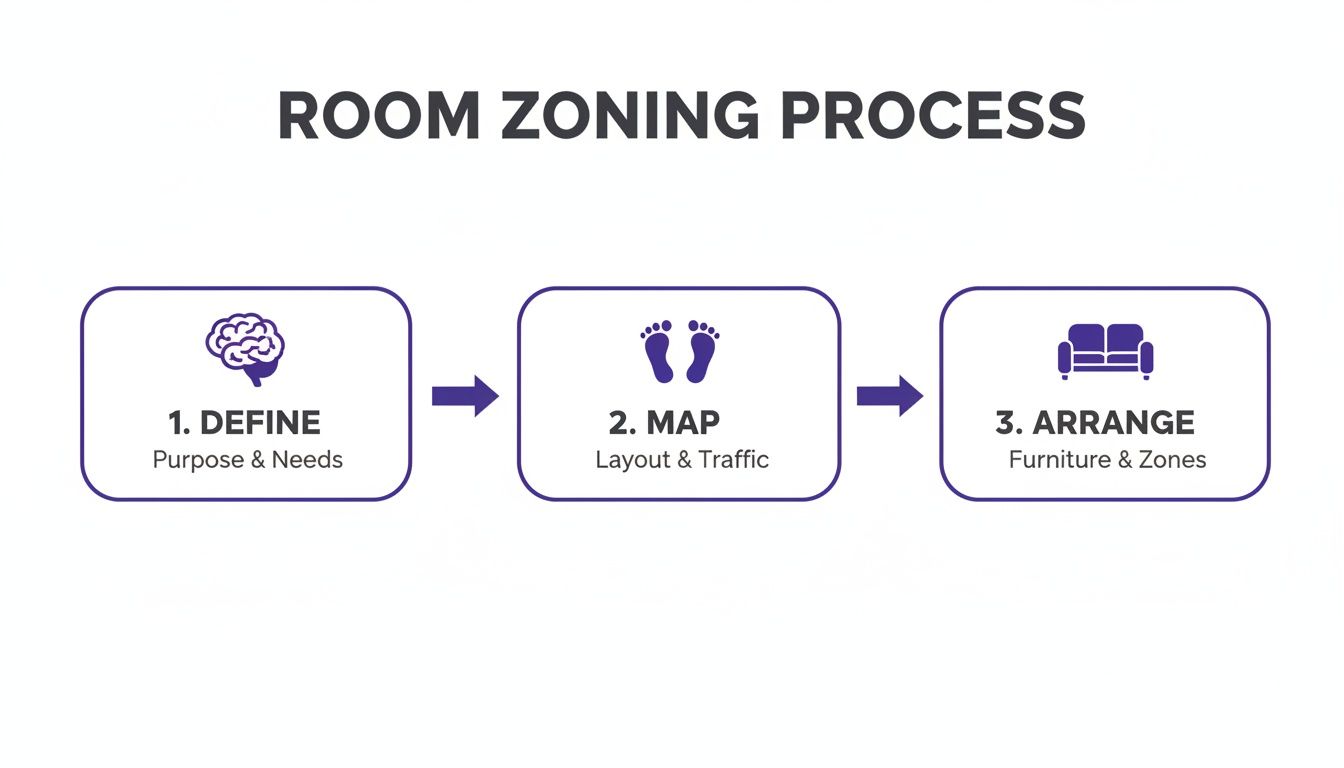 Flowchart illustrating the three-step room zoning process: Define, Map, and Arrange.