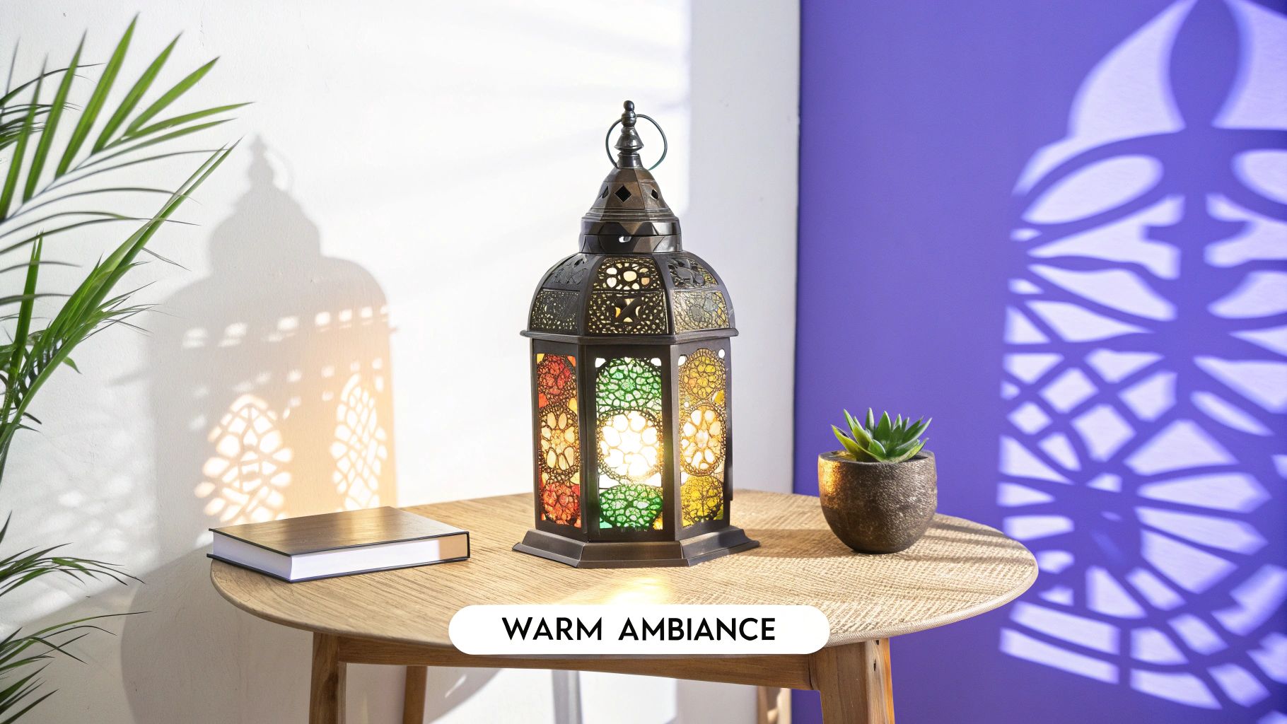 A vibrant Moroccan lantern with colored glass panels creates a warm ambiance on a wooden table, casting decorative shadows.
