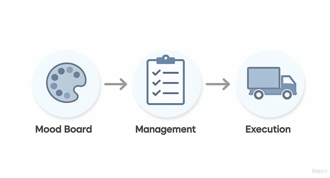 Three-step workflow diagram showing mood board creation, project management, and execution with delivery truck icon