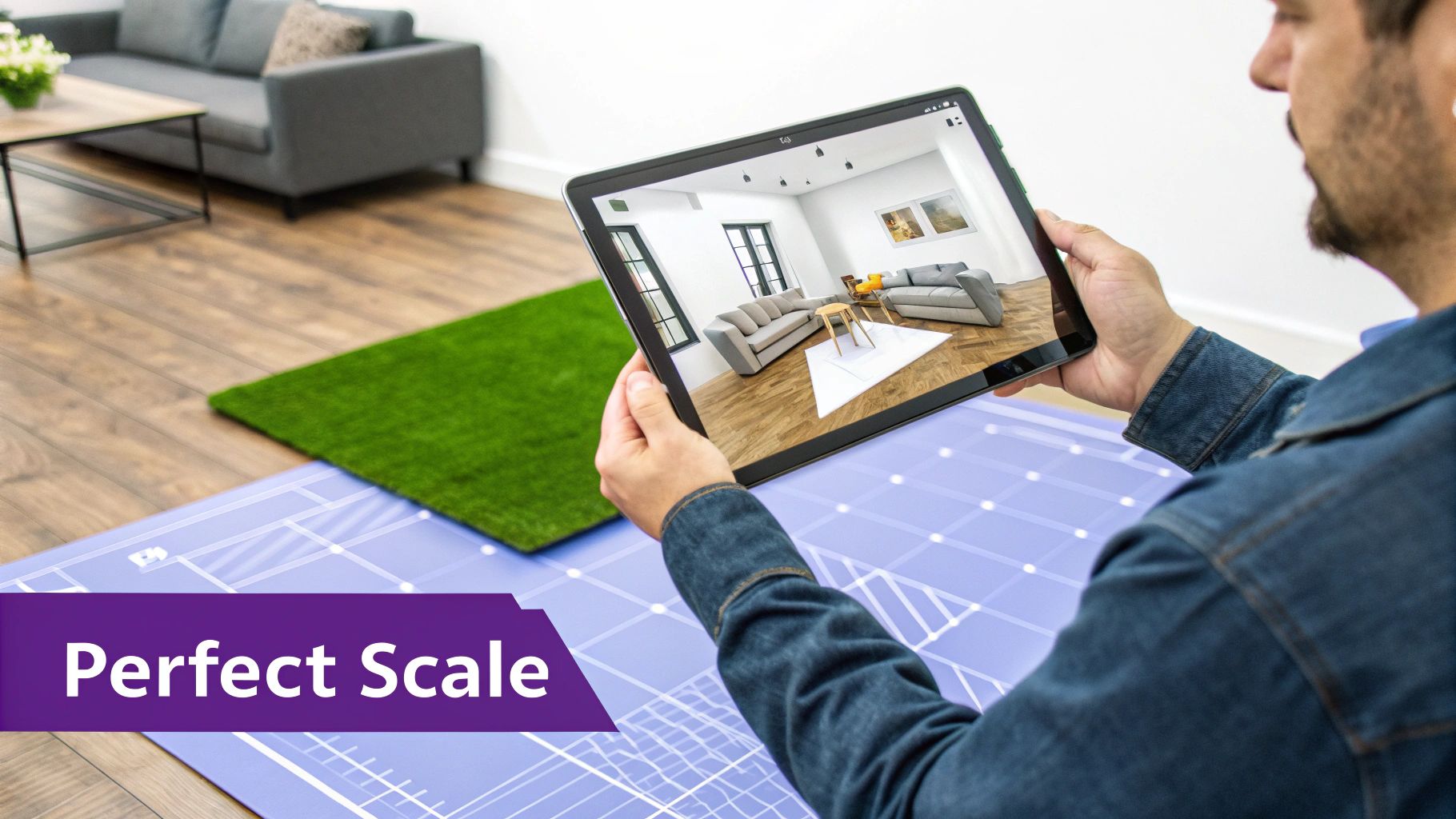 A person uses an augmented reality tablet to plan furniture placement in a living room.
